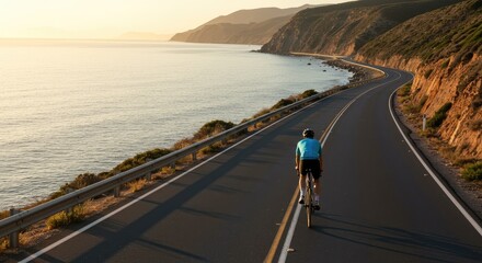 Cyclist Rides Coastal Road at Sunset, Golden Light, Ocean View, Serene Journey.