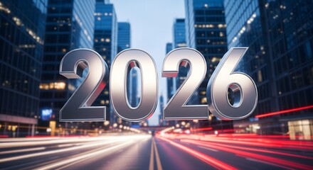 2026 New Year Cityscape with Futuristic Urban Lights and Motion Speed