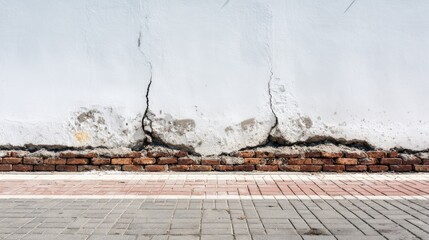 Cracked white plaster wall with exposed brick and textured pavement.