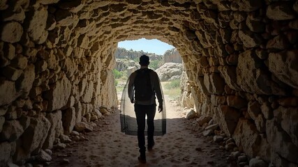 person walking through rocky tunnel, dramatic lighting and emerging daylight | exploration, discovery, hope, mystery, escape theme