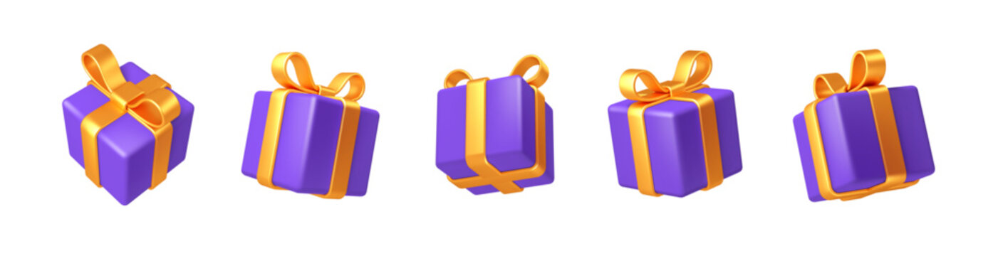 3d gift box with golden bow plastic box with shadow vector illustration