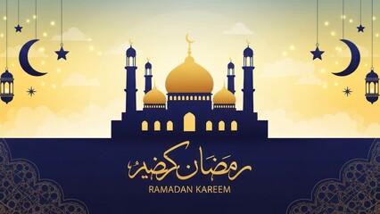 Ramadan Kareem Islamic Mosque Silhouette with Crescent Moon and Lanterns.