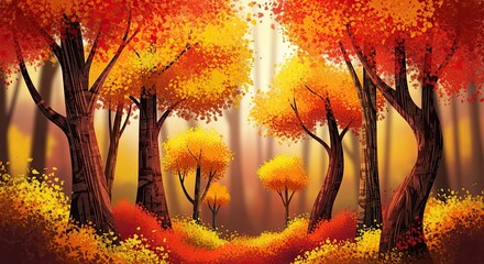 Vibrant digital painting captures a sunlit autumn forest path surrounded by richly colored trees and fallen leaves creating a warm inviting natural scene