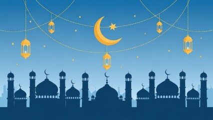 Beautiful Ramadan Night Sky with Crescent Moon and Islamic Mosques.