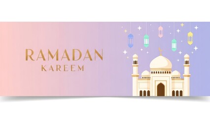 Ramadan Kareem banner with mosque and lanterns.