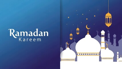 Ramadan Kareem Islamic Mosque and Lanterns Festive Greeting Background.
