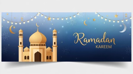 Ramadan Kareem Islamic Mosque Banner with Crescent Moon and Lights.