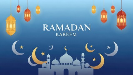 Ramadan Kareem Islamic Mosque Crescent Moon Lanterns Festive Greeting.