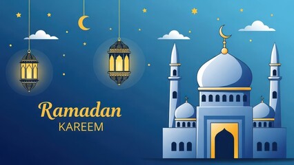 Ramadan Kareem Islamic Mosque and Lanterns on a Starry Night Sky.