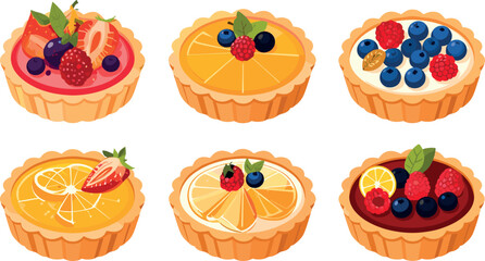 Assorted Fruit Tarts Collection with Fresh Berries and Citrus Desserts Illustration
