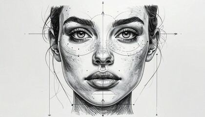 Detailed facial illustration with measurement lines and features