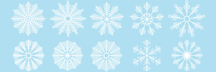 Snowflake variations icon collection. Snowflakes white ice crystal on blue background. Winter symbol. Christmas logo sign. Vector illustration. EPS 10.