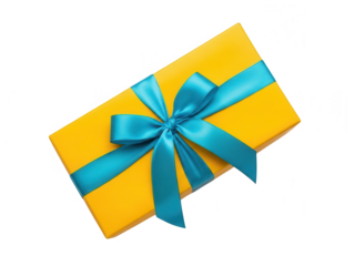 A beautifully wrapped yellow gift box with a vibrant blue ribbon bow