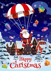 Merry Christmas holiday greeting card with Santa on parachute, cartoon vector. Winter holiday Christmas greetings with Santa flying on parachute and falling gifts on village town in snowy forest