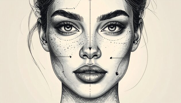 Detailed facial illustration with measurement lines and features