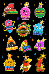 Fototapeta premium TNT bomb Y2K vintage stickers and dynamite retro patch labels, cartoon vector set. Bomb stickers with funny faces and burning wicks, bubble gum or cactus bomb with dynamite bang boom for retro patches