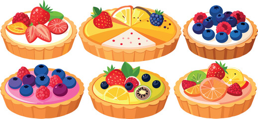 Colorful Assorted Fruit Tarts Collection with Fresh Berries and Citrus Desserts Illustration