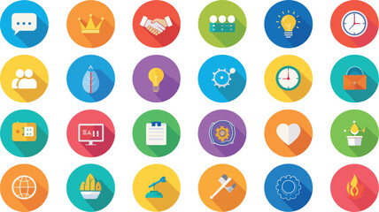 Colorful Flat Business and Communication Icons Set in Circular Design