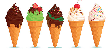 Colorful Ice Cream Sundae Cones Collection with Chocolate and Fruit Toppings