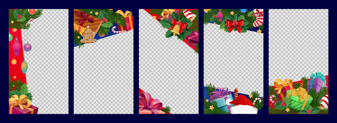 Winter holidays and Christmas photo frames, social media post templates with Xmas decorations and gifts. Vector vertical borders decorated with seasonal festive xmas elements pine branches and gifts