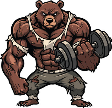 Fierce cartoon grizzly bear bodybuilder in torn clothes lifting a heavy dumbbell.