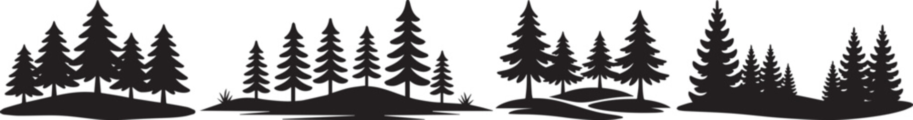 Black pine tree landscape illustration showing dense forest silhouettes in a clean minimal style