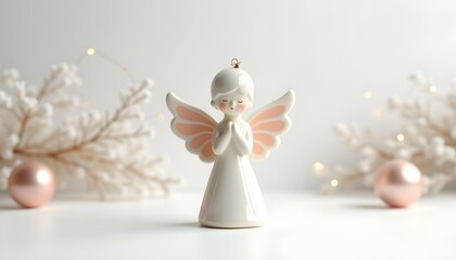 Fototapeta premium A serene ceramic angel figurine stands in prayer, radiating peaceful elegance amidst a soft, festive holiday backdrop.
