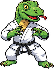 Obraz premium Fierce green cartoon lizard martial artist in a white gi and black belt posing in a fighting stance with claws out.