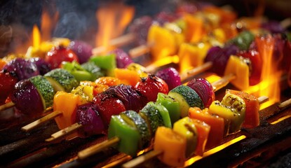 Colorful vegetable skewers grilling over flames