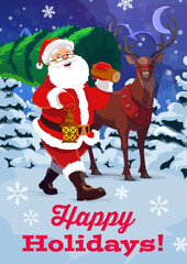 Merry Christmas and Happy Holidays greeting card with Santa and reindeer, cartoon vector. Christmas greetings for winter holiday, deer and Santa carry Xmas tree from night snowy forest with snowflakes