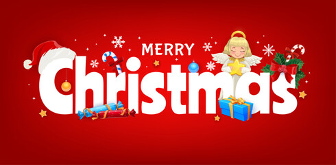 Obraz premium Merry Christmas greeting card with cute angel, candy cane, Santa hat, pine tree ornaments and blue gift box. Red green poinsettia and white snowflakes on vector postcard for winter holidays