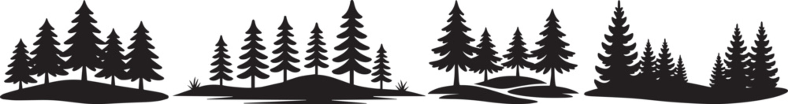 Black pine tree landscape illustration showing dense forest silhouettes in a clean minimal style