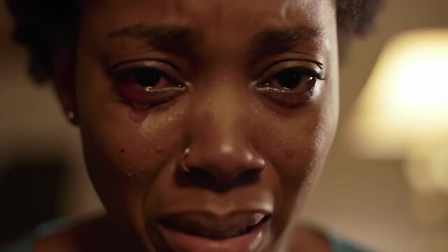 Close-up of tearful young African woman crying, expressing sadness and pain. Emotional distress and depression concept.