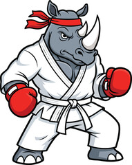 Muscular cartoon rhino fighter in a white martial arts gi red boxing gloves and headband. © Vira