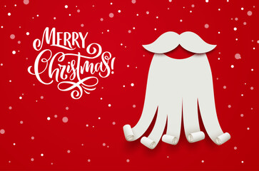 Fototapeta premium Paper cut Santa beard and moustaches on Christmas card. Vector design includes Merry Christmas calligraphy with snowflake decorations for festive greetings, winter celebrations and holiday postcards