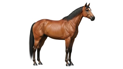 Fototapeta premium Realistic Digital Artwork of a Muscular Brown Bay Horse with Black Mane and Tail in Side View Stance | Majestic Equine Animal Portrait Illustration Isolated on Crisp White Background.