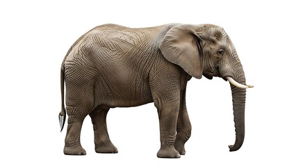 Obraz premium Majestic African Elephant Full Body Isolated on White Background with Detailed Skin Texture and Large Tusk. Perfect Wildlife Cutout for Design Projects.
