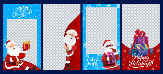 Naklejka premium Christmas photo frames and social media templates with funny Santa, cartoon vector. Christmas photo frames for winter holidays with secret Santa in a mask with gifts and snowflakes or snow in frames