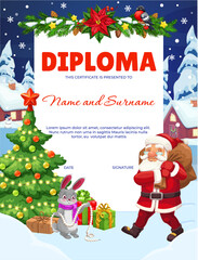 Obraz premium Christmas and New Year holidays kids vertical diploma certificate. Cute vector template featuring cartoon Santa with gift bag, bunny decorating tree, holly, poinsettia, and bullfinch for fun holidays