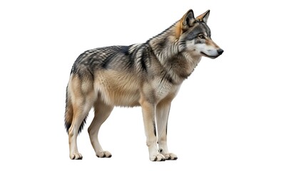 Obraz premium Majestic Gray Wolf (Canis Lupus) Standing in Full Side Profile, Isolated on Pure White Background for Easy Cutout and Wildlife Design Projects.