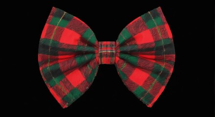 Stylish Bow Tie in Red, Green, and Black Tartan Pattern on Black Background with Curled Edges for Elegant Look