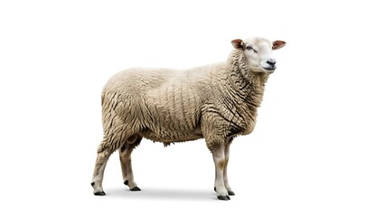 Fototapeta premium Purebred Domestic Sheep Standing Isolated on White Background. High-Quality Cutout of Farm Animal with Thick, Textured Wool Coat for Agriculture, Textile, and Livestock Design Projects.