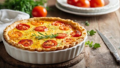 Rustic and Appetizing Quiche with Tomatoes and Herbs on White Ceramic Pie Dish.