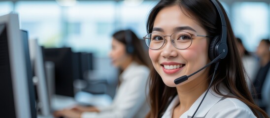 Fototapeta premium Smiling woman in a headset at a call center.