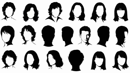 Collection of diverse black and white silhouette hairstyles and head profiles.