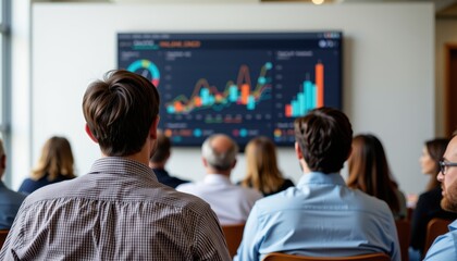Obraz premium Business meeting with charts displayed on a screen.