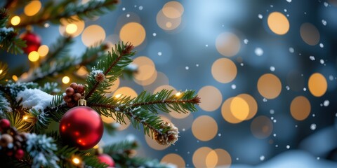 Obraz premium Festive Christmas tree with ornaments and blurred lights in the background.