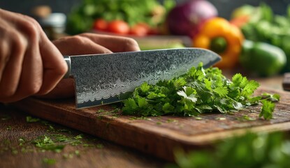 Close-up of a chef's hand chopping cilantro on a wooden cutting board