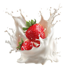 Pink yogurt swirling dynamically, splashing circular waves beside ripe strawberry against clean transparent surface
