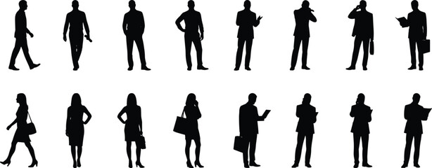 Business people silhouette set showing men and women professional poses walking standing working corporate lifestyle illustration